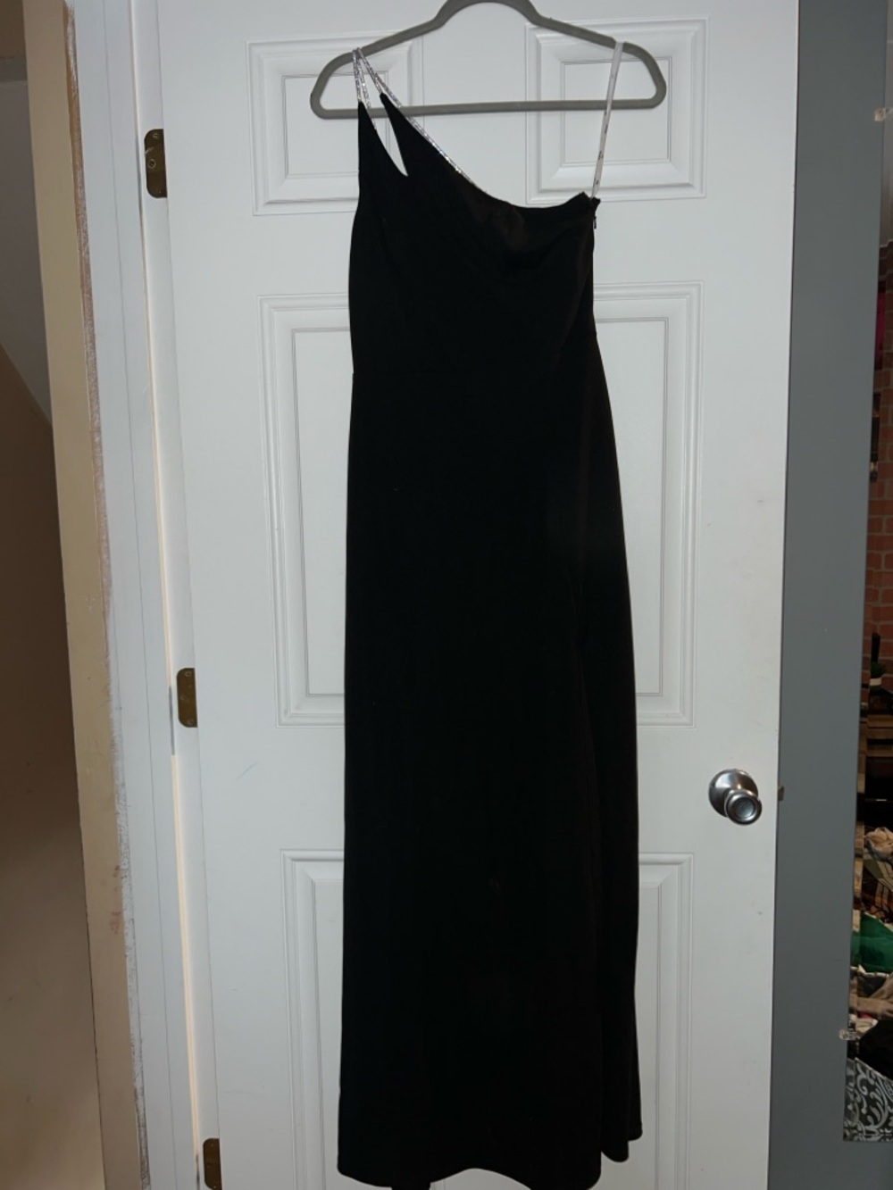 David's Bridal Black One-Shoulder Evening Gown with Rhinestone Strap
